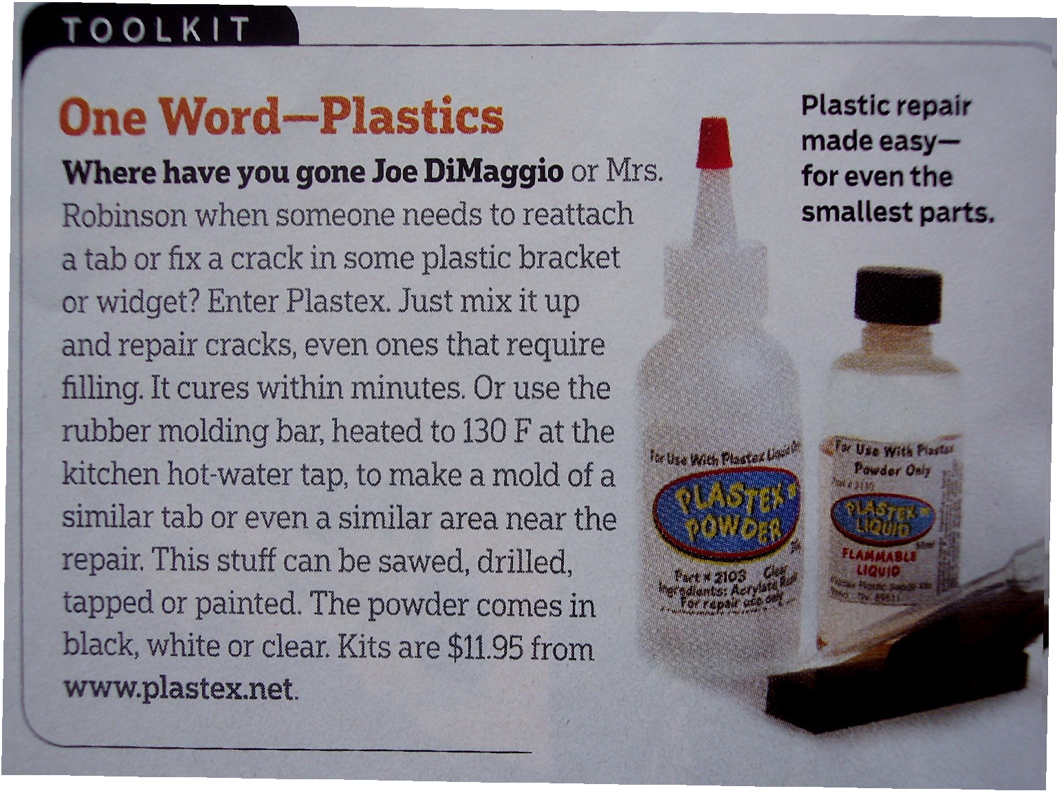 Popular Mechanics, repair crack in plastic